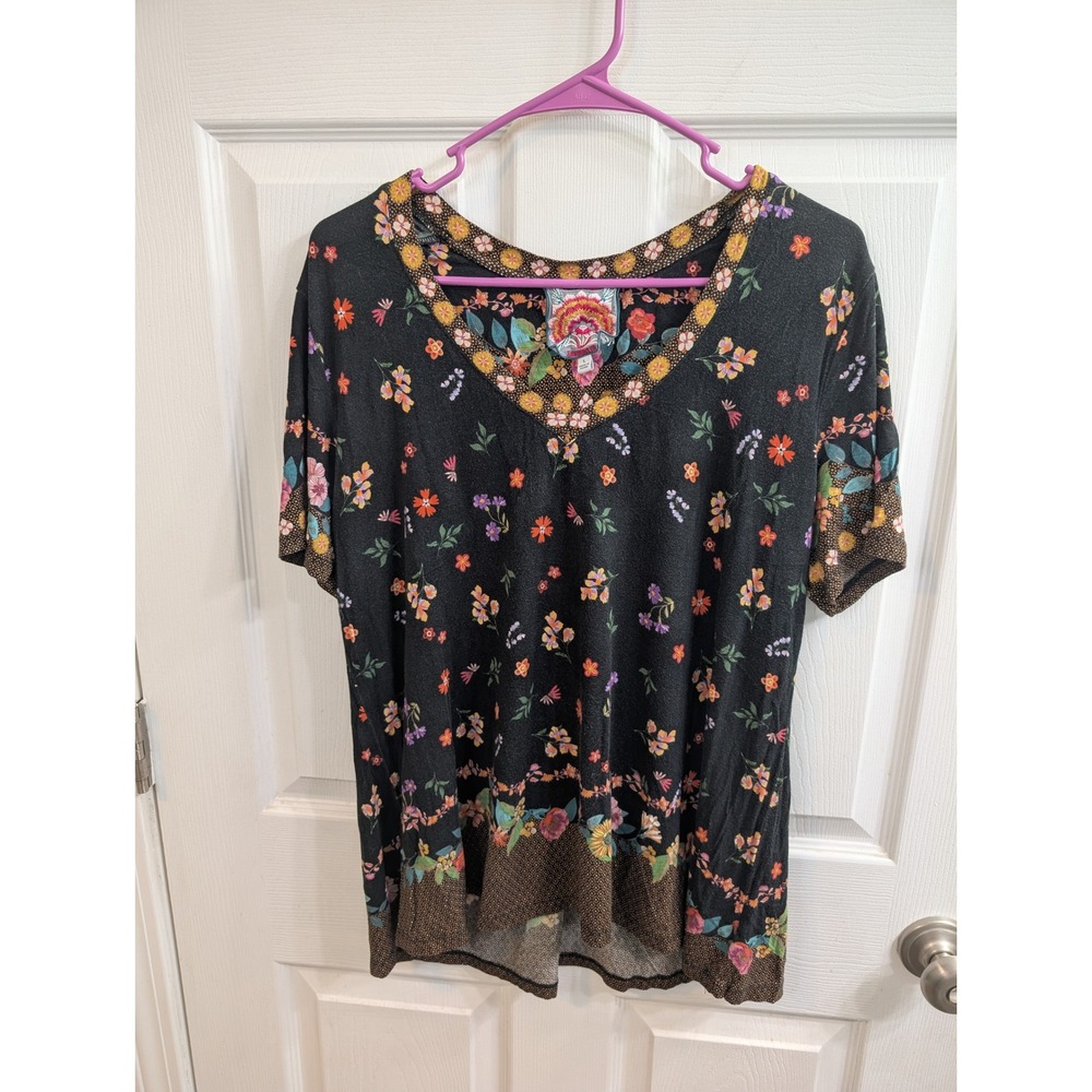 Johnny Was Black Floral Short Sleeve Tee with Multicolor Embroidery